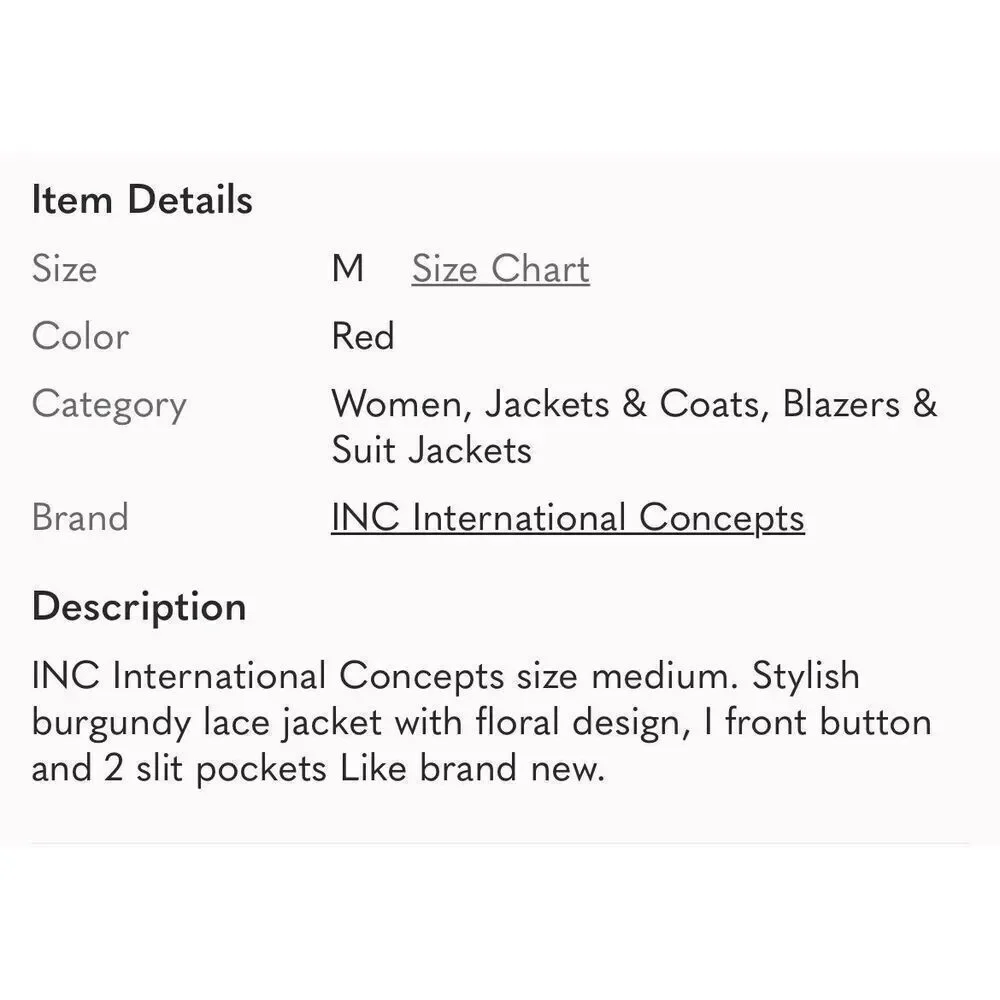 INC INTERNATIONAL CONCEPTS | burgundy lace jacket M - Picture 6 of 6